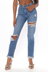 Tall Hometown Cutie Destroyed Mom Jeans - Medium Blue Wash Ins Street